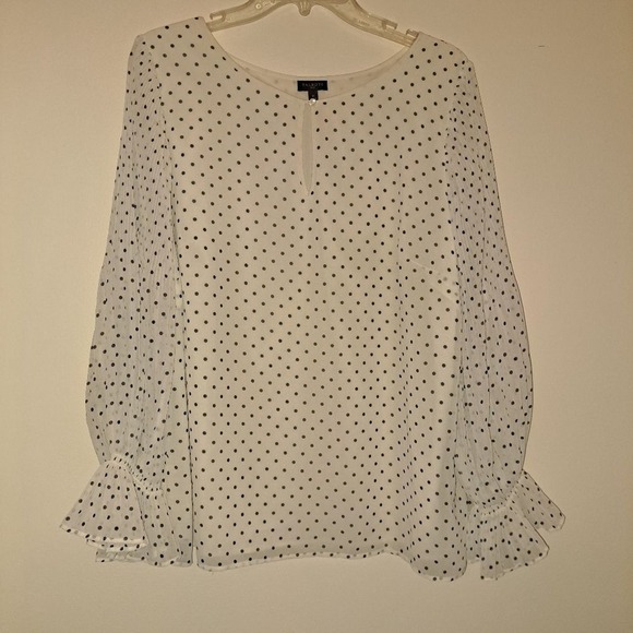 Talbots Tops - Talbots Plus Women 1X White Black Polka Dot Pleated Ruffle Sleeve Keyhole Blouse